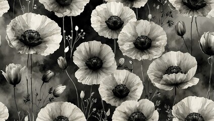 Ethereal watercolor poppies in monochrome, elegant illustration.