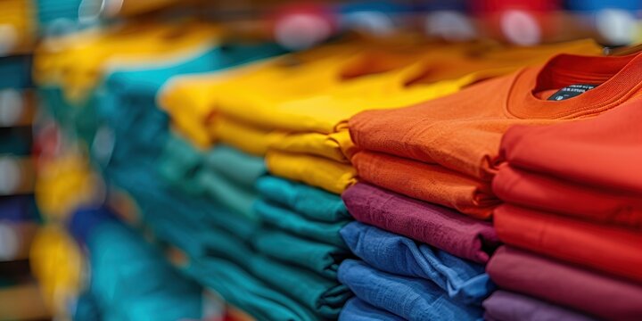 A neatly arranged display of colorful folded t-shirts showcasing a vibrant selection of clothing options in a retail store environment