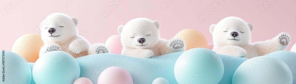 Sticker Cute Polar Bear Cubs Sleeping on Pastel Eggs.