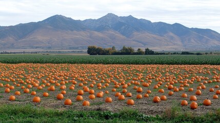 Visitors enjoy a sunny day at a California harvest festival, exploring a lively pumpkin patch filled with pumpkins, cornfields, and mountains in the backdrop.