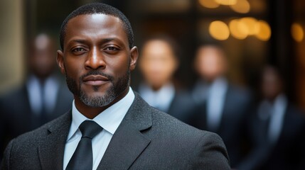 Fototapeta premium A poised and confident man in a sharp suit and tie stands prominently in the foreground, with a blurred group of similarly dressed individuals in the background