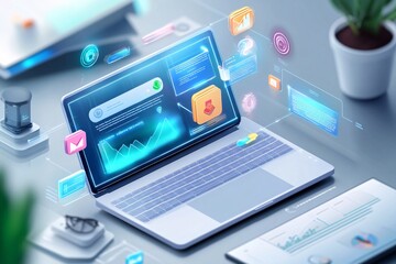 Laptop with Holographic Interface and Data Visualization.