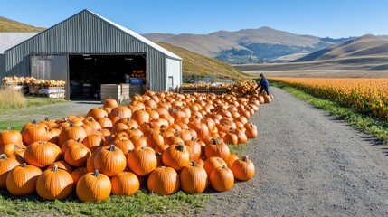 Visitors enjoy a sunny day at a California harvest festival, exploring a lively pumpkin patch filled with pumpkins, cornfields, and mountains in the backdrop
