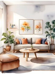 Watercolor Cozy Living Room House