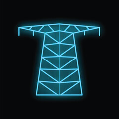 Neon sign representing a power line tower glowing on a black background