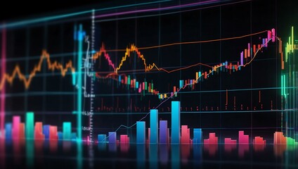 Financial market trends visualized with neon lights and graphs.