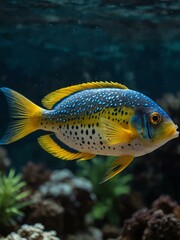 Fish with yellow and blue spots in an aquarium.