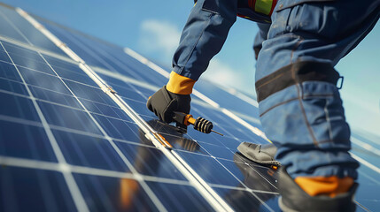 Technician connecting solar panels atop the roof