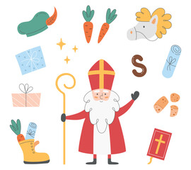 Sinterklaas or Saint Nicholas Day collection. Hand drawn icons with doodle elements. Shoe, carrots, pepernoten cookies, horse, Piet's hat etc. Vector illustration on white background.