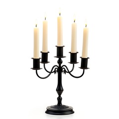 A black metal candelabra with five lit candles, isolated on a white background.