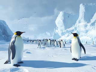 Obraz premium Penguins standing on icy landscape