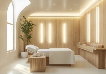 A serene spa room featuring wooden accents, a massage bed, and calming lighting.