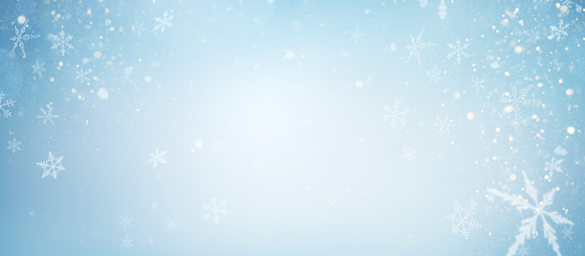 winter background with falling snow and snowflakes