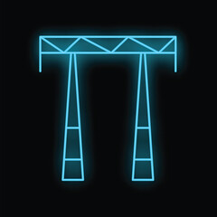 Neon blue icon of a construction crane lifting up on a black background