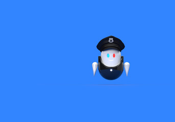 White, black robot police assistant. Glowing eyes. 3d on the topic of police, assistance, law enforcement, assistant, applications, web. Blue background.