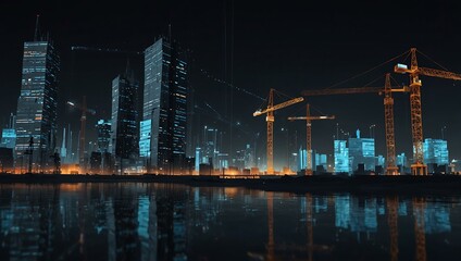 Futuristic digital construction site with cranes and data visualization.
