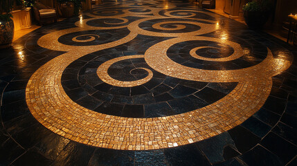 Elegant mosaic floor design featuring intricate swirls and patterns, perfect for enhancing interior aesthetics and ambiance.