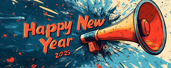 Megaphone with a comic book burst effect and Happy New Year 2025 in bold, dramatic lettering