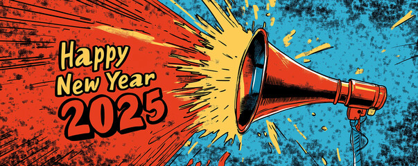 Megaphone with a comic book burst effect and Happy New Year 2025 in bold