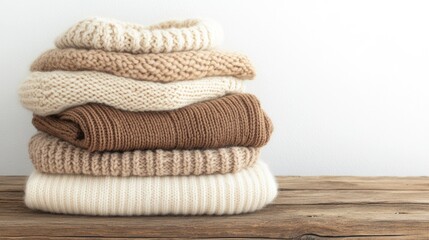 A stack of soft woolen sweaters in warm beige tones is neatly placed on an old wooden bench, creating a cozy atmosphere against the light backdrop.