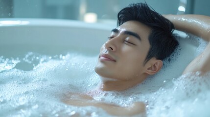 Serene Asian man practicing self-care while enjoying a bubble bath, creating a peaceful and relaxing atmosphere.