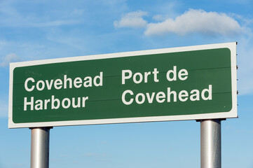 Road sign of Covehead Harbor, popular tourist destination on Prince Edward Island (PEI), Canada