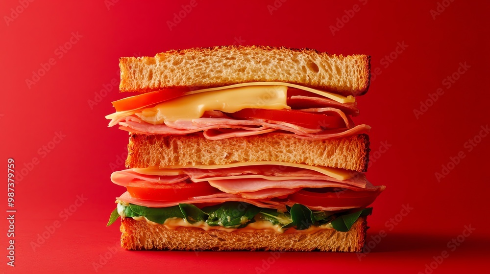 Poster A ham and cheese sandwich on a red background.