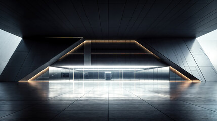 Modern empty showroom space with big windows and concrete floor reflecting light