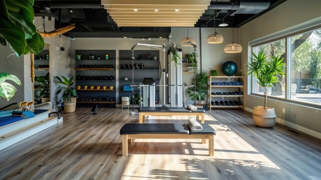 A modern and eco-friendly personal training studio with exercise equipment and enthusiastic clients