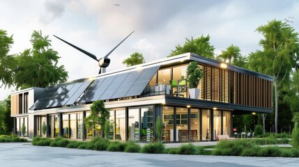 Obraz premium A modern and eco-friendly renewable energy company office with solar panels and wind turbines