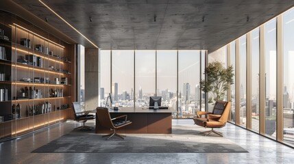 Obraz premium A modern office with sleek furniture and large windows overlooking a city skyline