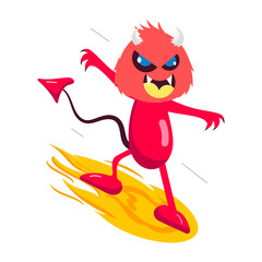 Evil character surfing on fire, a cartoon style sticker 
