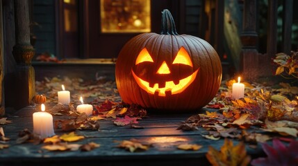Fototapeta premium A carved pumpkin with a glowing face, sitting on a wooden porch surrounded by autumn leaves and flickering candles