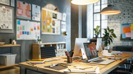 A professional and organized advertising agency office with inspiration boards and satisfied clients