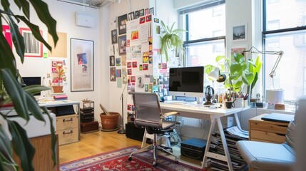 A professional and organized advertising agency office with inspiration boards and satisfied clients