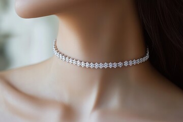 A chic diamond choker necklace, featuring small, perfectly cut diamonds arranged around the neck in a sleek design