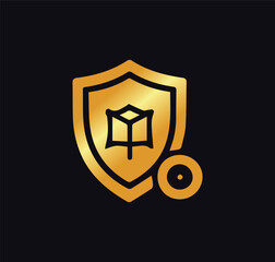 Gold shield with flag icon. Vector illustration isolated on black background
