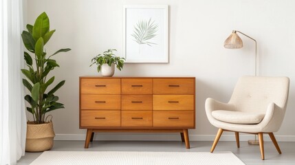 Modern Living Room with Wood Furniture and Green Plants