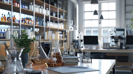A professional and organized chemical company office with beakers and satisfied clients