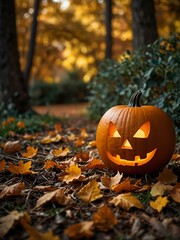 Glowing jack-o'-lantern surrounded by autumn leaves.