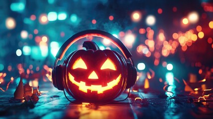 A glowing pumpkin with headphones in the center of a Halloween party scene, with spooky lights and a night sky backdrop