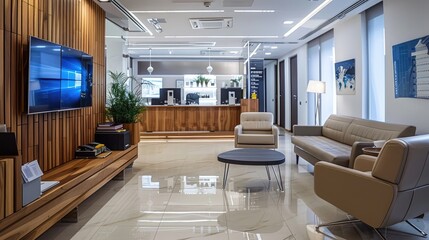 A professional and organized financial services company office with charts and satisfied clients