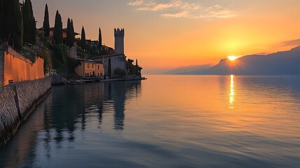 Naklejka premium Sunrise over Lake with a Small Town and a Tower