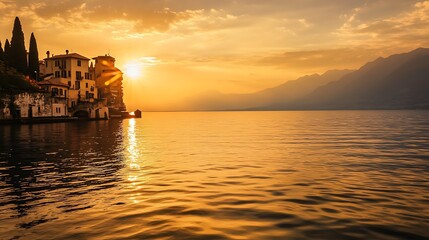 Golden Sunset Over a Lake with a Building and Mountains in the Distance