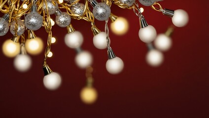 Golden and silver Christmas lights on a red background.