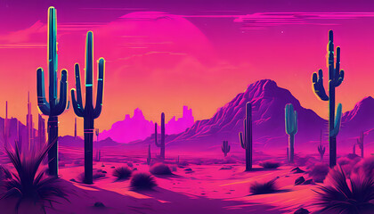 Sunset over a mountain landscape with silhouettes of cacti and trees, capturing the vibrant orange sky and serene horizon