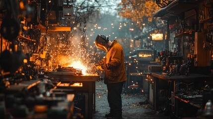 A Welder at Work in a Rusted Workshop