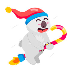 Naklejka premium Cartoon style sticker of christmas koala with candy cane and beanie