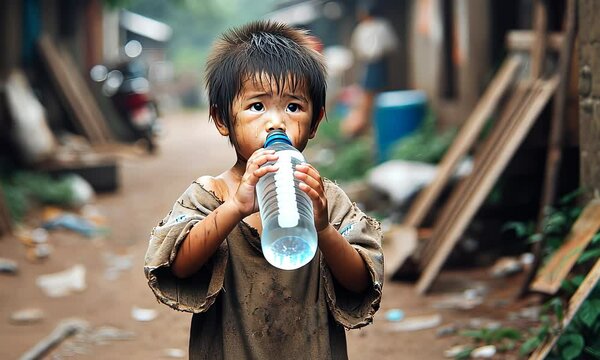 Young Child Drinking Water in Poverty-Stricken Community | Global Water Crisis and Survival in Disadvantaged Areas