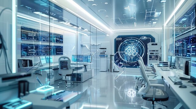 A professional and organized office with a quantum computing lab and advanced simulations